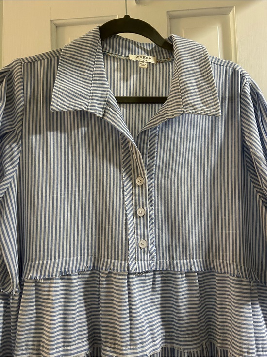 Umgee Dresses & Skirts - Umgee Blue & White Striped Button-Front Peplum Blouse